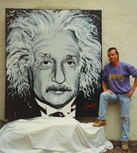 Click to see Artist Jeff Doubet with oil painting of Einstein he created at the Frank Hursley Estate in 1986